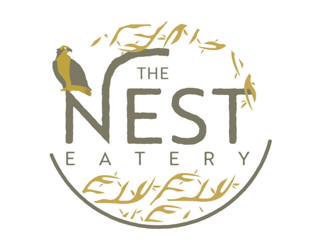 The Nest Eatery logo showing a bird perched on a branch forming the letter ‘N,’ surrounded by a circular wreath of golden leaves.